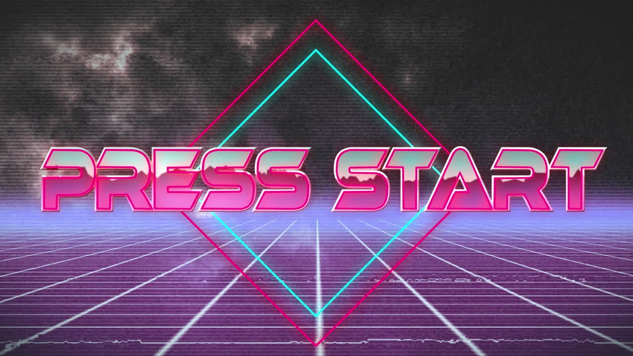 검은색 배경에 보라색 그리드 네트워크에 대해 네온 배너 위에 텍스트를 누르십시오