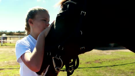 girl caressing the horse in the ranch 4k