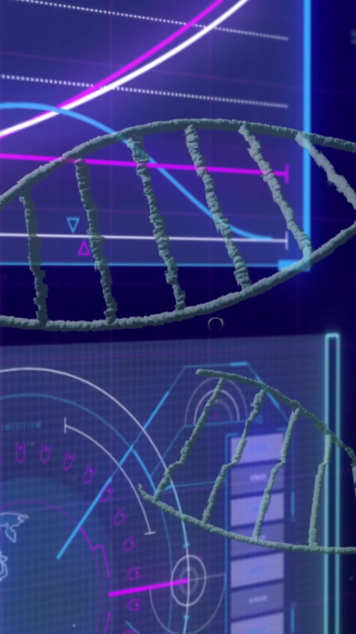 Animation of dna strands over data processing on black background