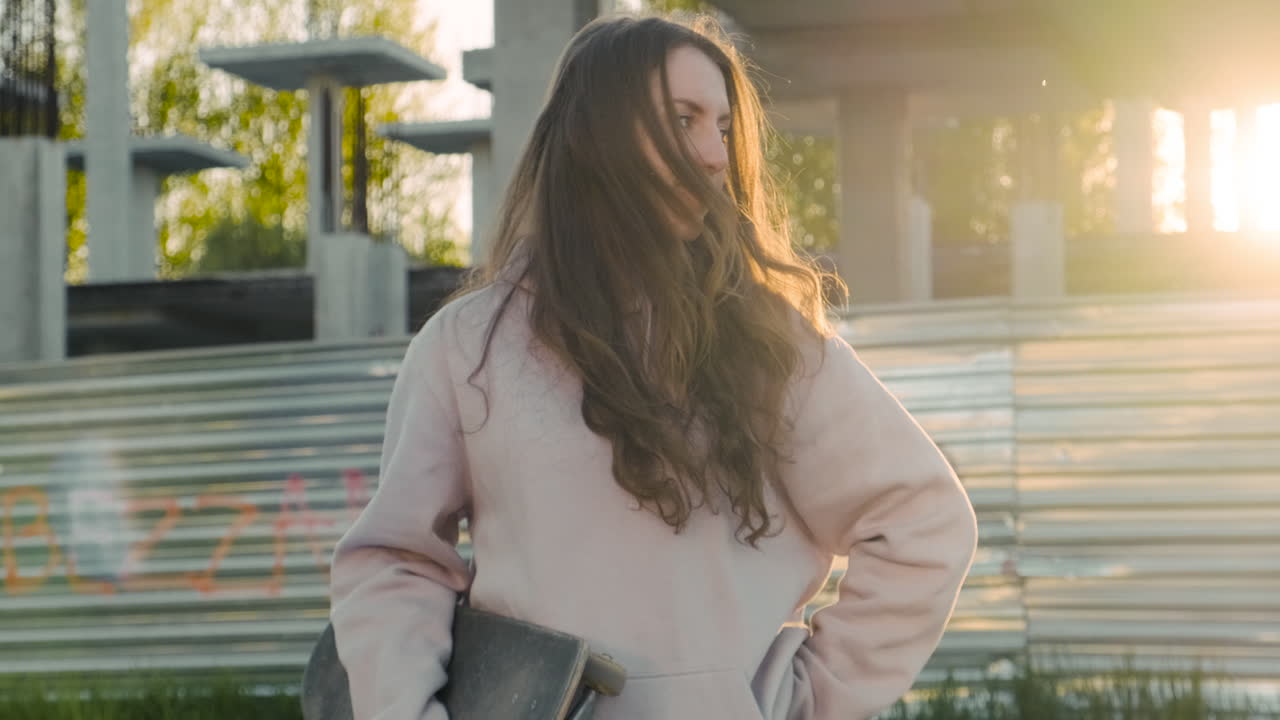 그녀의 팔 아래에 그녀의 스케이트 보드와 함께 카메라와 미소를 직접보고 젊은 스케이터 소녀