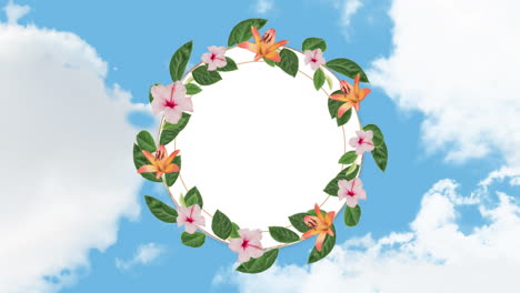 animation of floral design circular frame with copy space against clouds in the blue sky