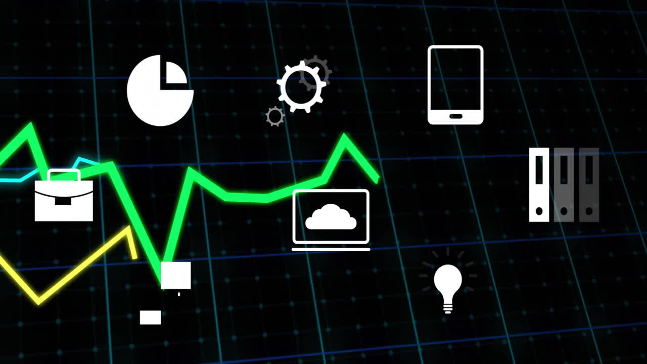 Green line graph and business icons animation over grid background