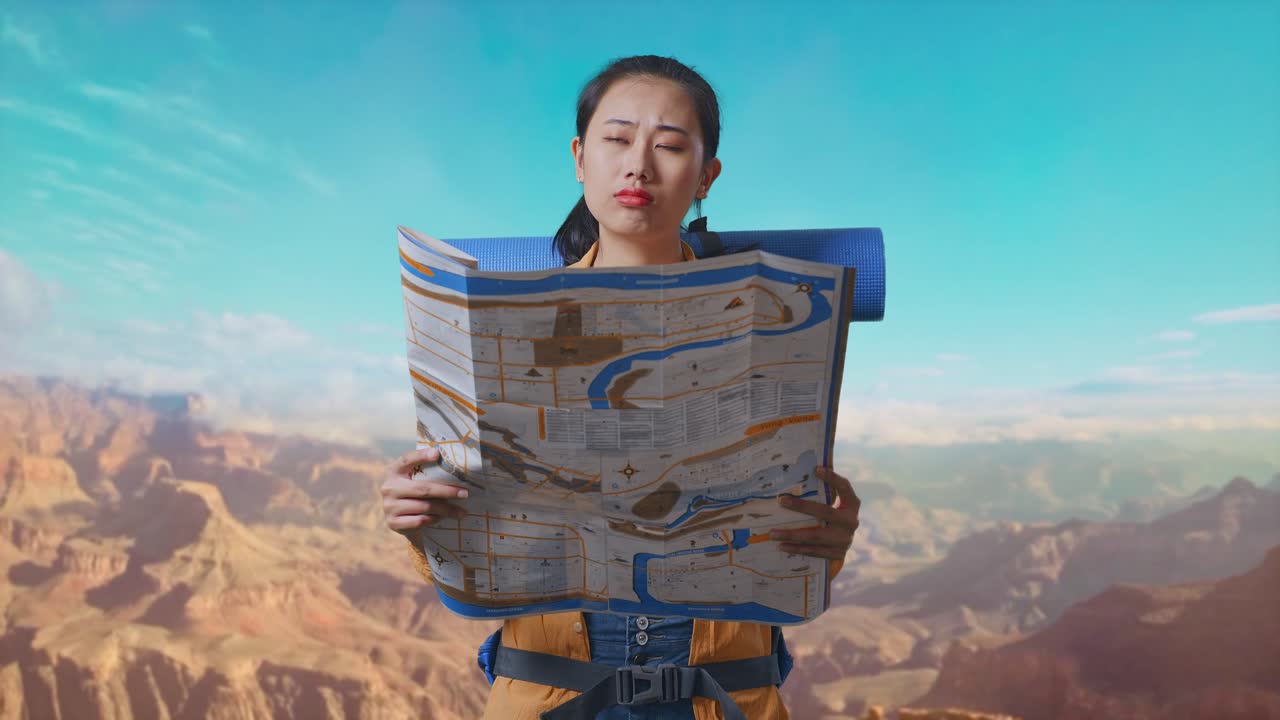 Asian Female Hiker With Mountaineering Backpack Looking At The Map Then Looking Around While Traveling At The Top Of Mountain