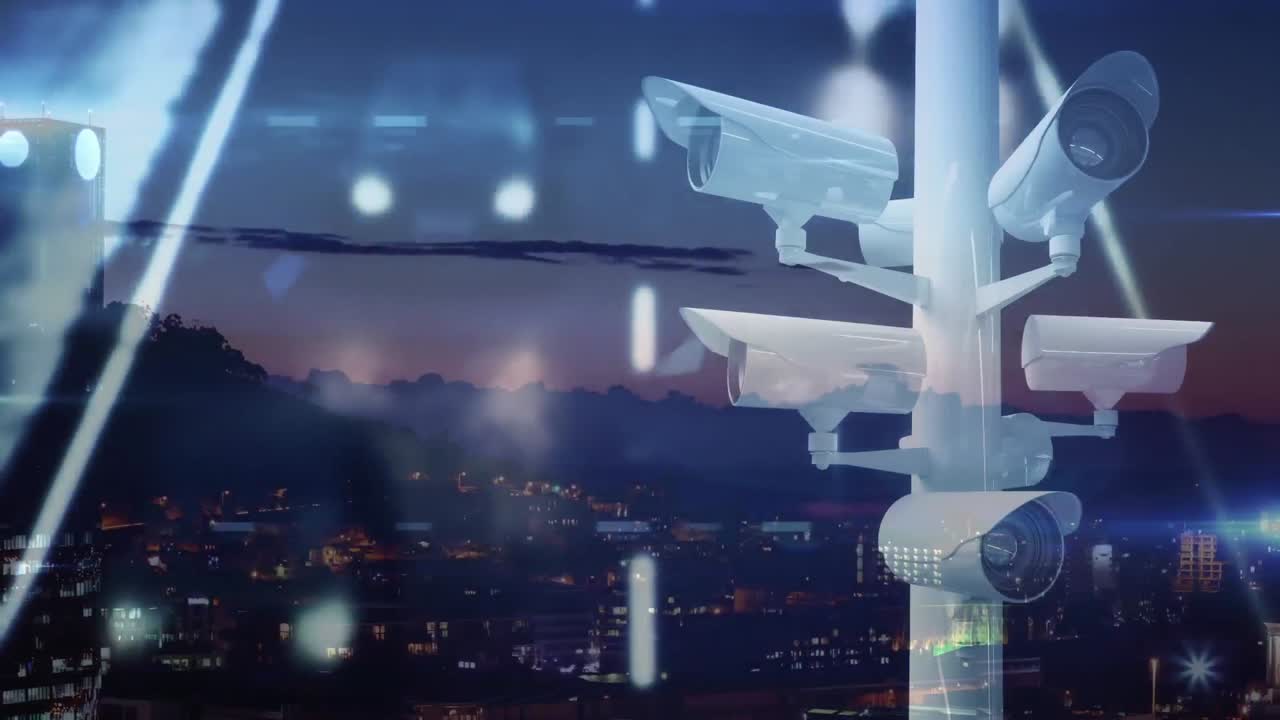 도시 풍경 위에서 움직이는 감시 카메라의 애니메이션