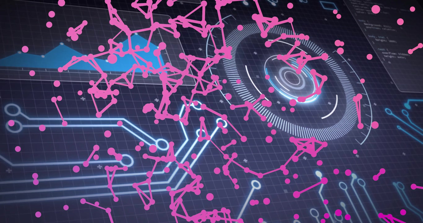 Animation of pink network connections overlaying digital interface on grid background