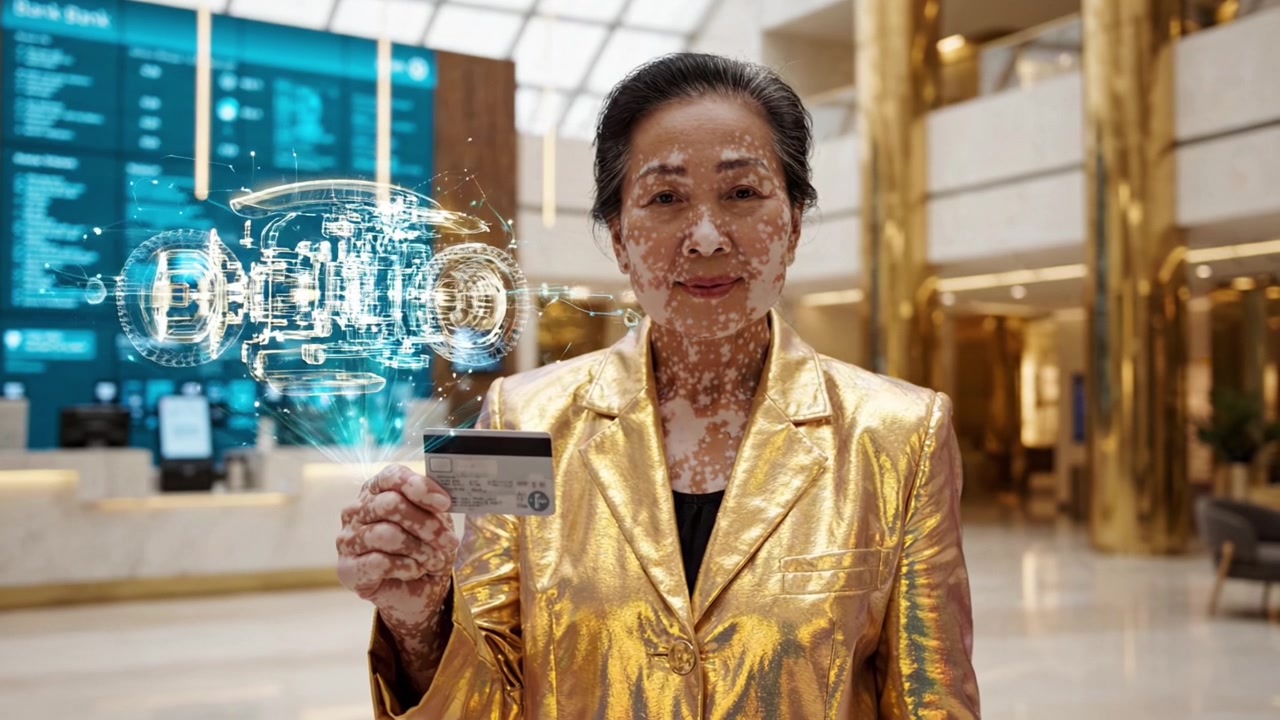 A confident woman in a shimmering gold blazer holds a credit card while showcasing an enchanting digital transformation in a modern, upscale environment