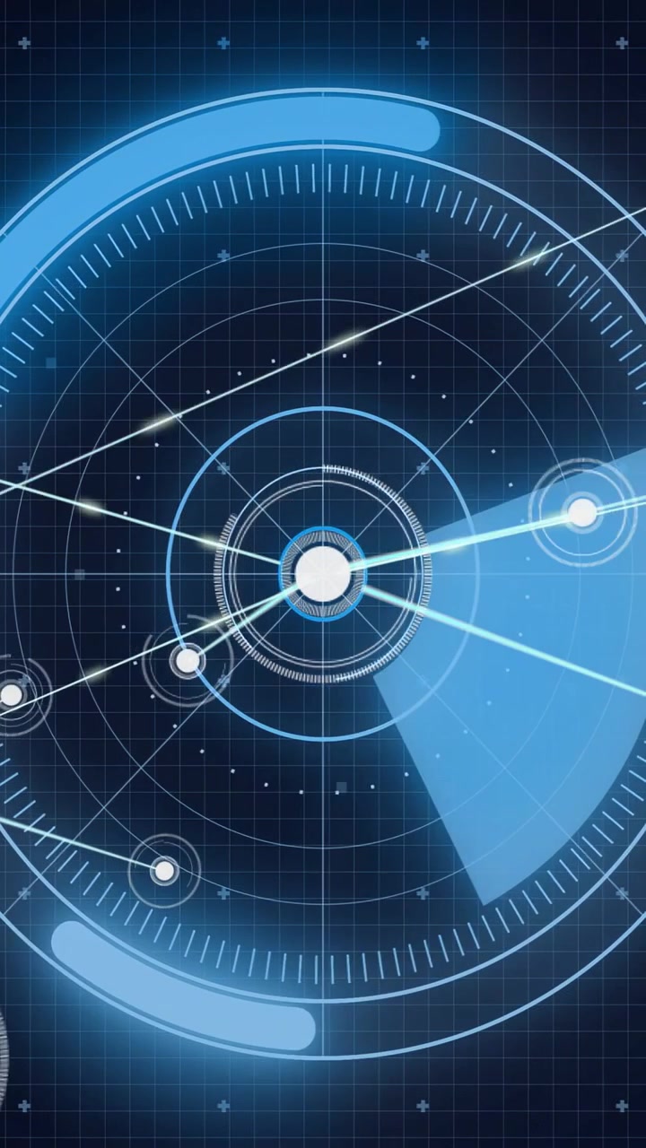 Video verticale: Hub HUD che emette raggi, scansione che ruota attraverso una griglia, che "pinga" i nodi per il tracciamento tecnologico.
