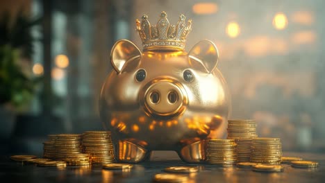 golden piggy bank surrounded by coins. a golden piggy bank with a crown stands proudly among scattered coins, symbolizing wealth and savings in a cozy setting.
