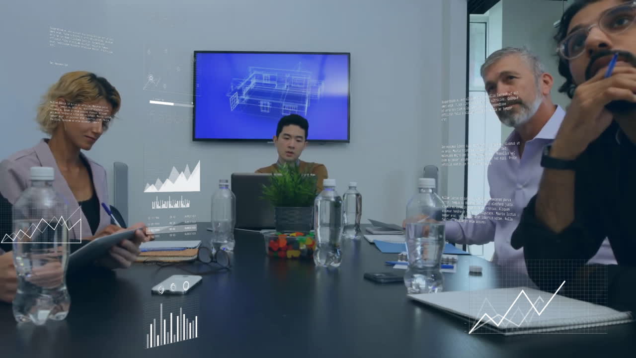 Animation of data processing over diverse business people in office