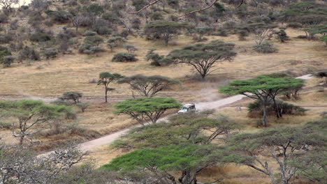 vista épica amplia y de ángulo alto de un jeep safari conduciendo por un camino de tierra en el parque nacional serengeti en tanzania, cámara lenta