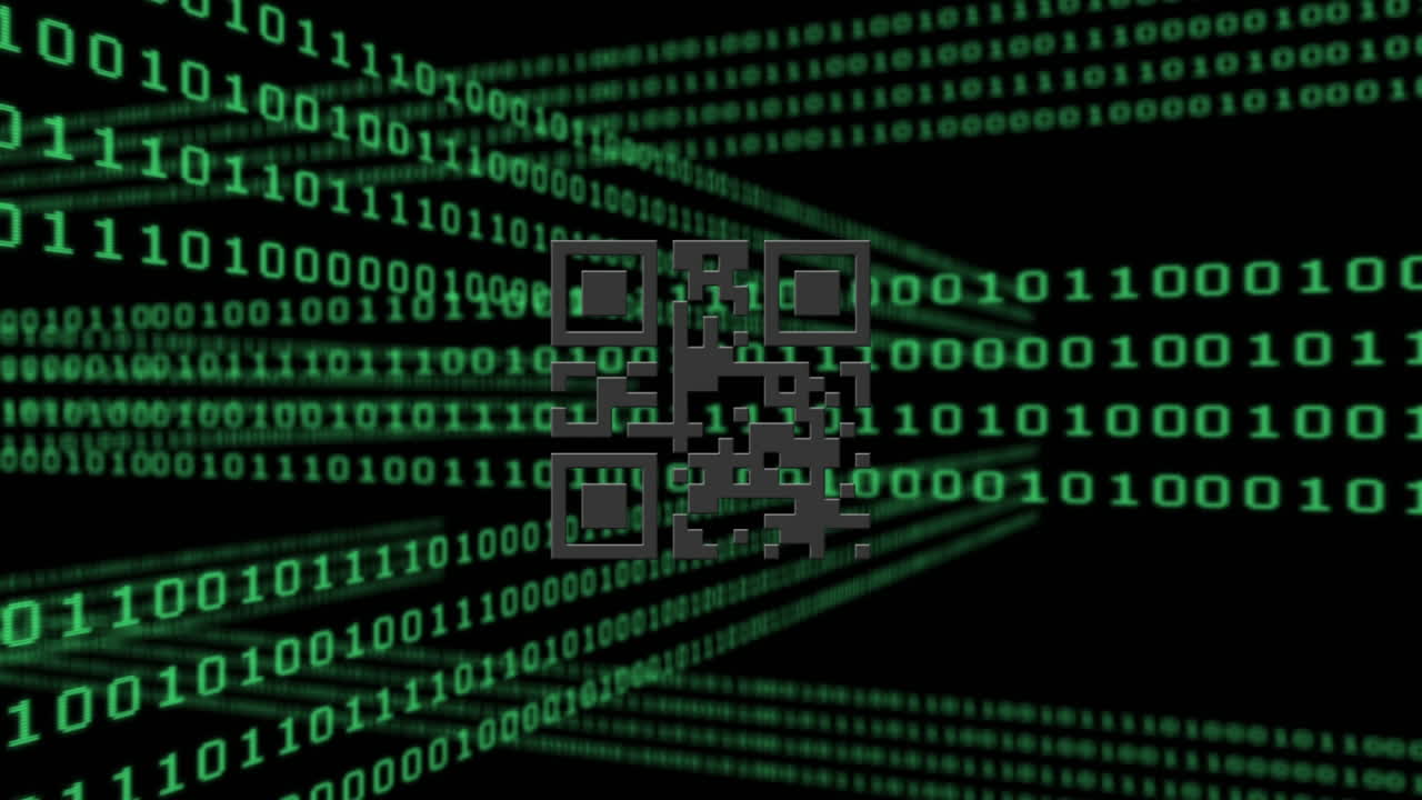Digital animation of glowing pink qr code against binary coding data processing on black background