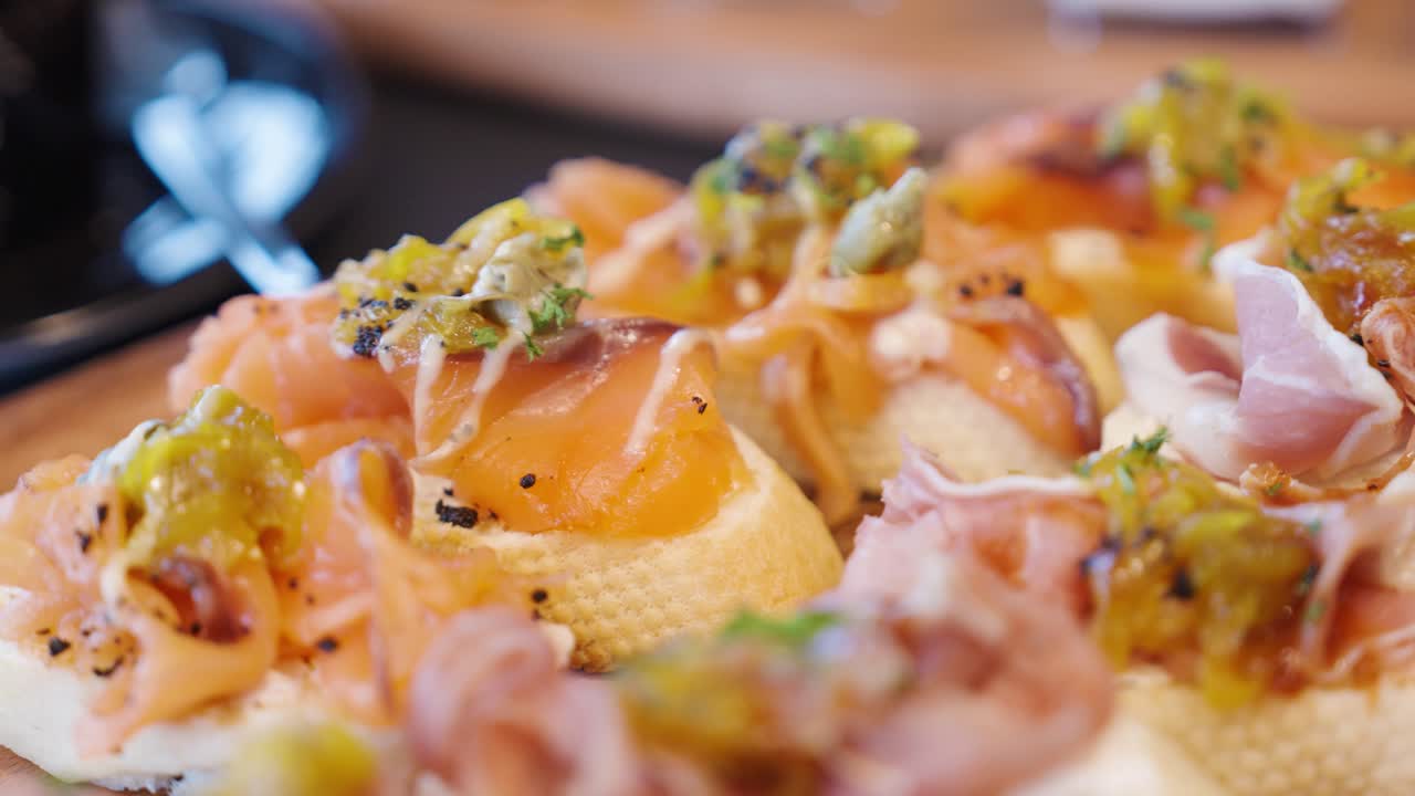 Tasty sandwiches in business meeting, close up motion view