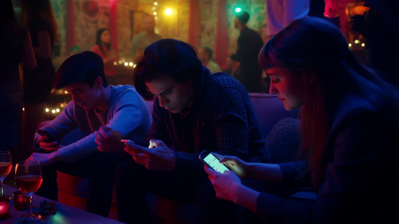 Giovani immersi negli smartphone a una festa