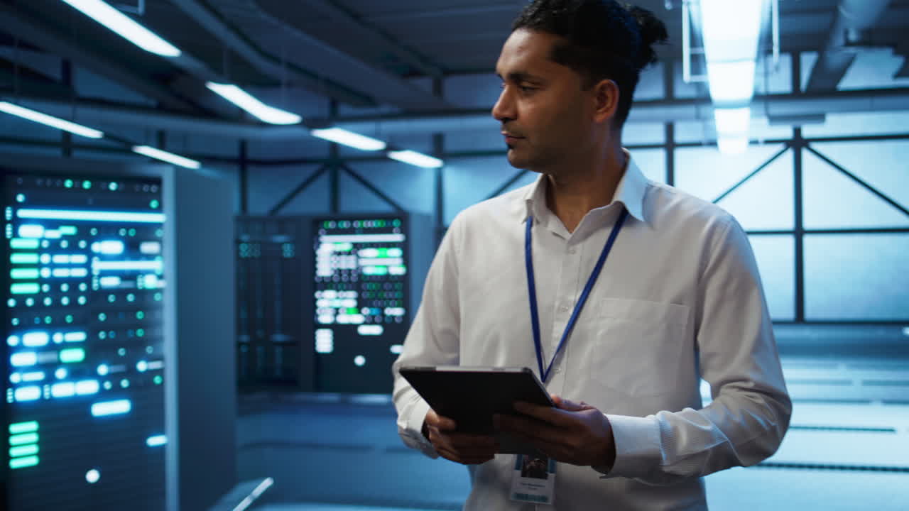 programador caminando en el centro de datos de alta tecnología utilizado para administrar la energía del engranaje