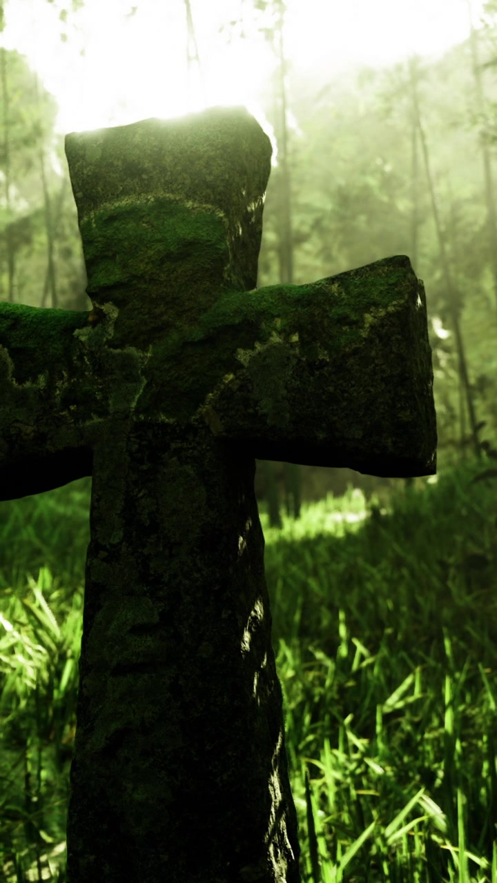 Croce di pietra in una foresta con erba sotto la luce solare intensa sullo sfondo.