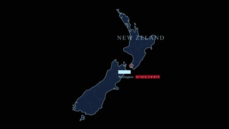 mapa estilizado en azul de nueva zelanda con la ciudad capital de wellington y coordenadas geográficas en fondo negro