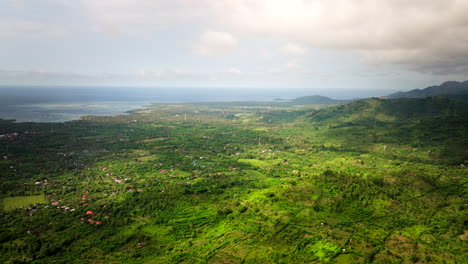 Aerial-pan-left-above-Banyuwedang-Bali-Indonesia-with-stunning-rice-fields-and-scattered-homes