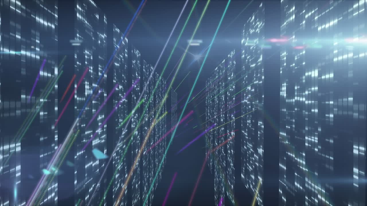 Animation of neon lines, lights and data processing in navy space