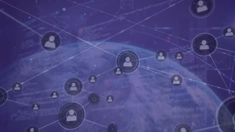 animación de iconos conectados, textos, iconos de sobres y lenguaje informático en todo el mundo