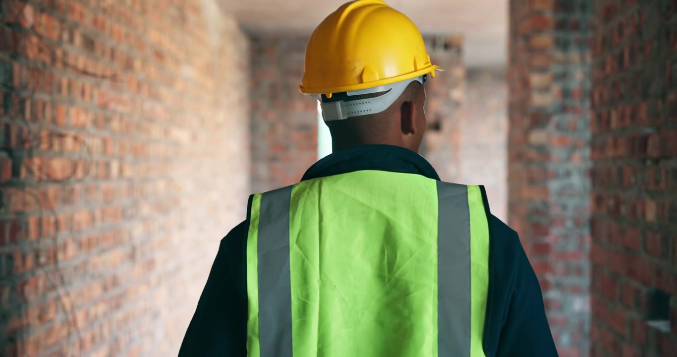 Construction Worker Walking Through Unfinished Building Interior