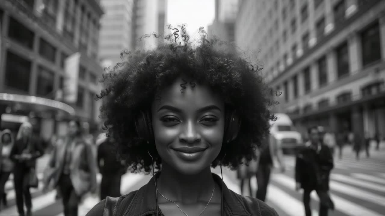 Mujer caminando con auriculares de diadema y abrigo oscuro, sonriendo en un paso de peatones del centro
