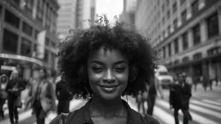 Mujer caminando con auriculares de diadema y abrigo oscuro, sonriendo en un paso de peatones del centro