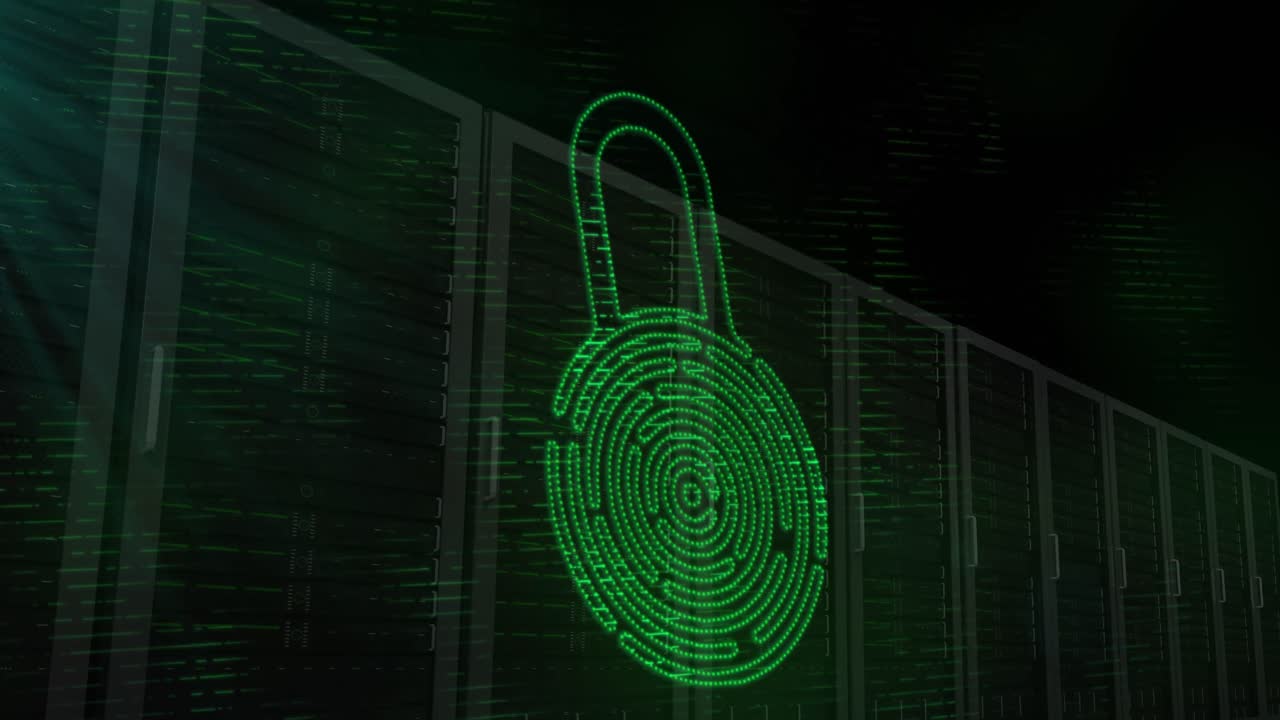Security padlock icon against multiple servers