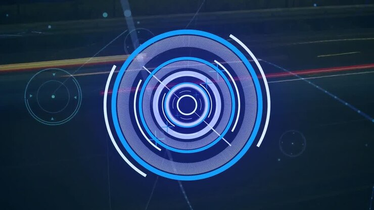 Animation of round scanner and network of connections against time-lapse of city traffic