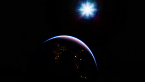 view of earth from space with sunlight illuminating the atmosphere