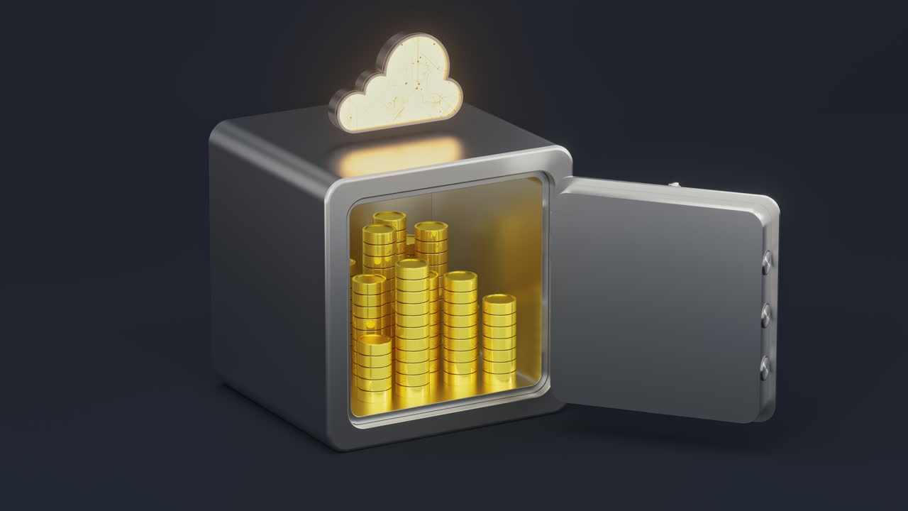 caja fuerte y monedas de oro con fondo oscuro, renderización 3d.