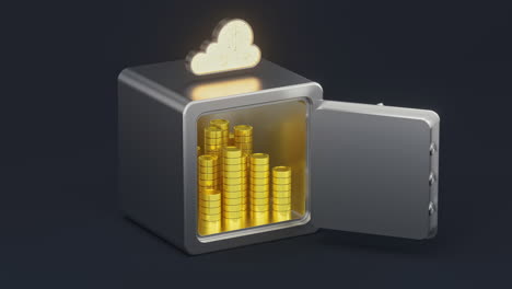 safe box and gold coins with dark background, 3d rendering.