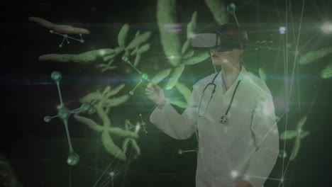 animación de puntos que se conectan con líneas y moléculas sobre una doctora caucásica usando auriculares vr