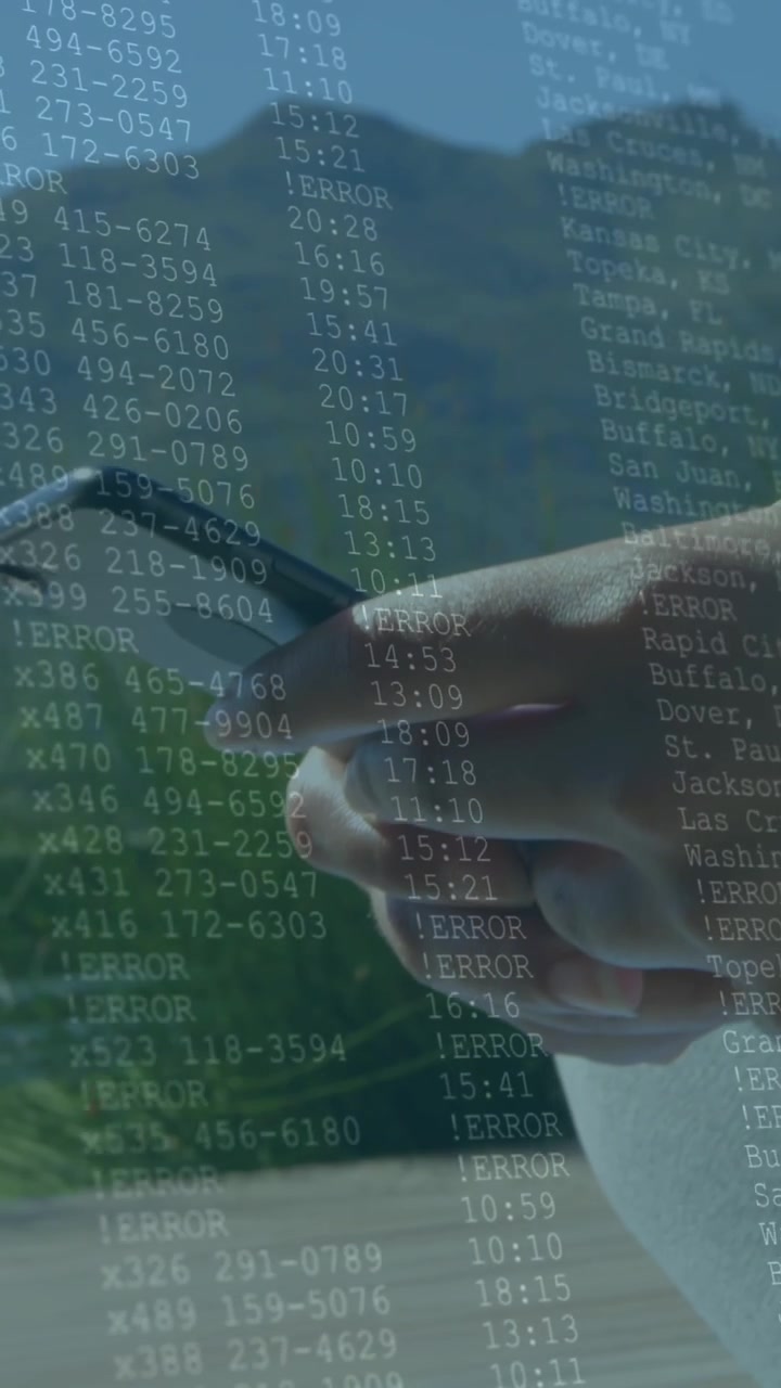 Animation of data processing over midsection of woman using smartphone in background