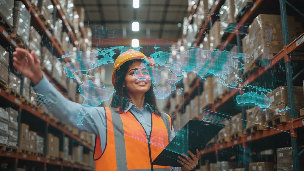 A female logistics manager in a modern warehouse interacting with a holographic global network display