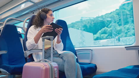 woman traveling by train