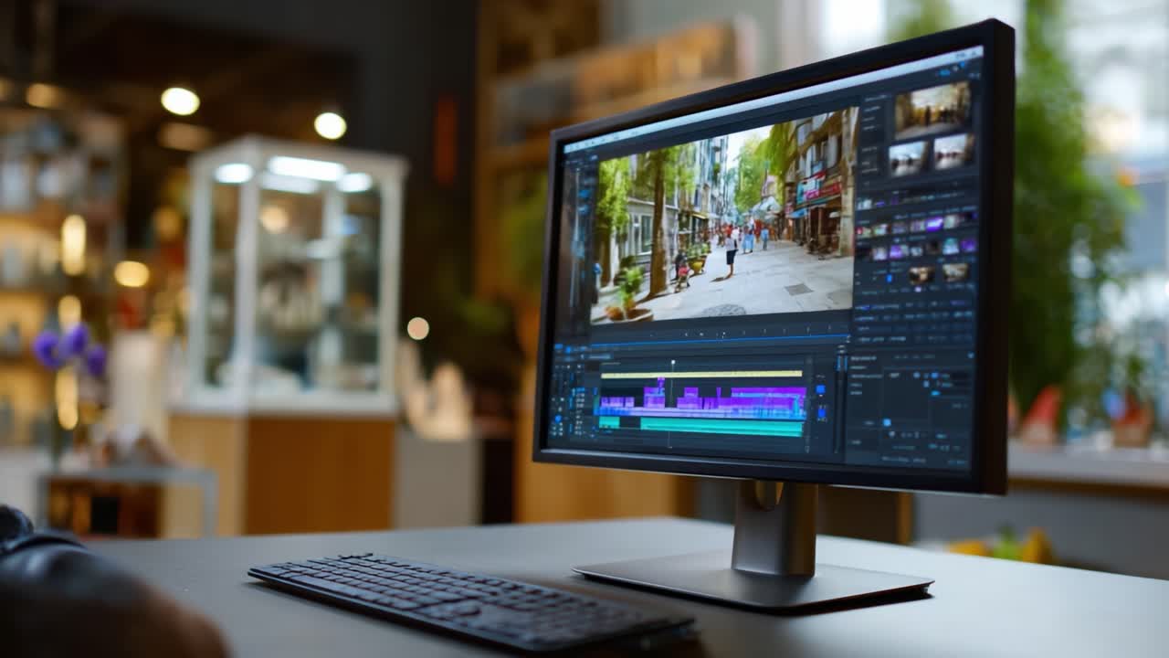 Modificare un vivace progetto video su un elegante monitor, che mostra un animato paesaggio urbano pieno di persone, edifici colorati e attività dinamiche in un moderno spazio di lavoro.