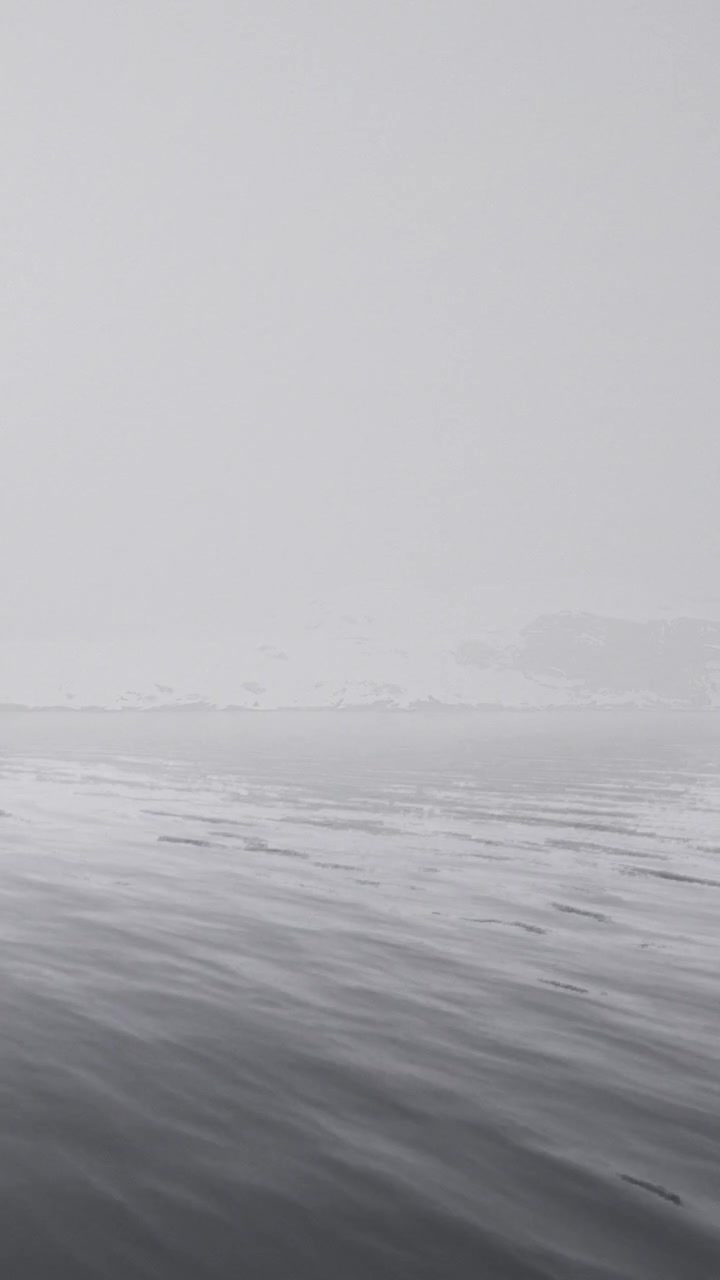 Fog blankets the water at an icy location with snow on the shore