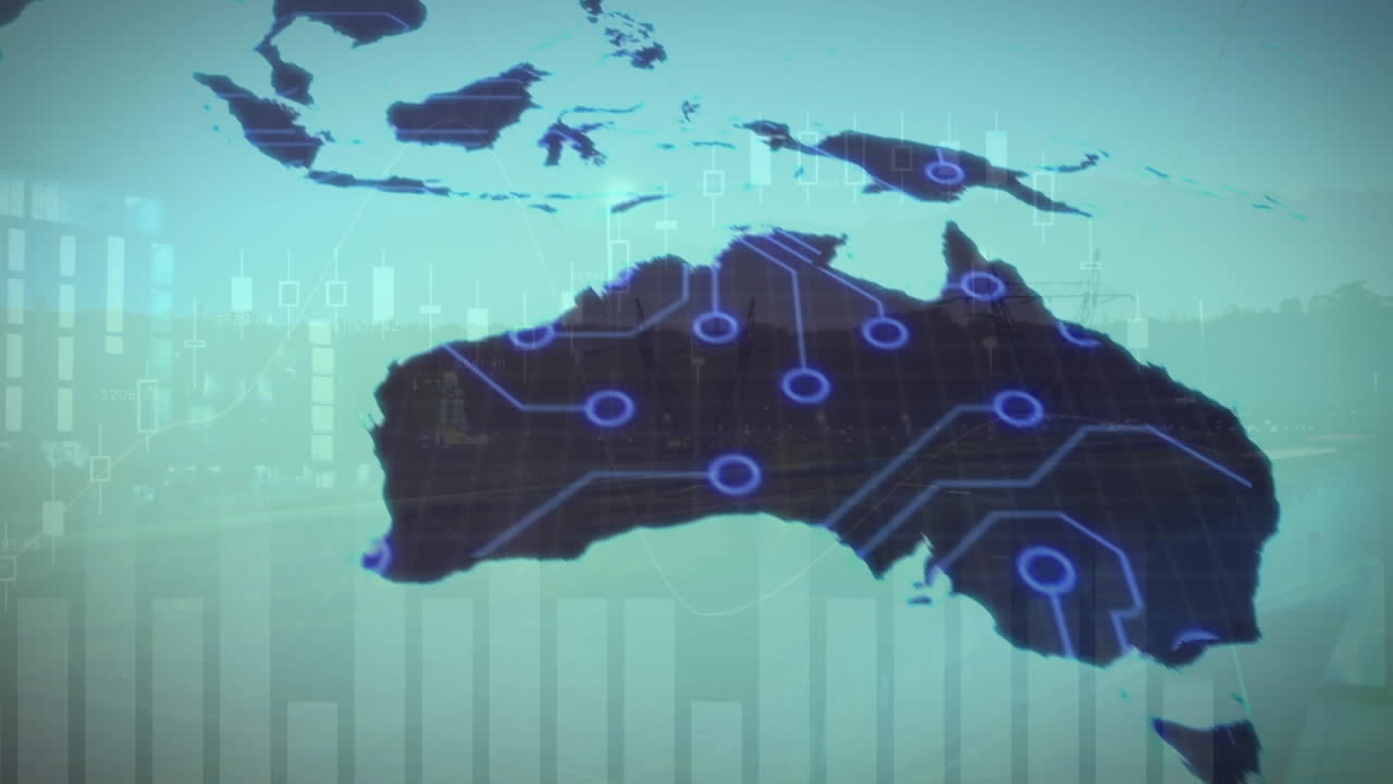 Animation of data processing over map of australia and computer circuit board