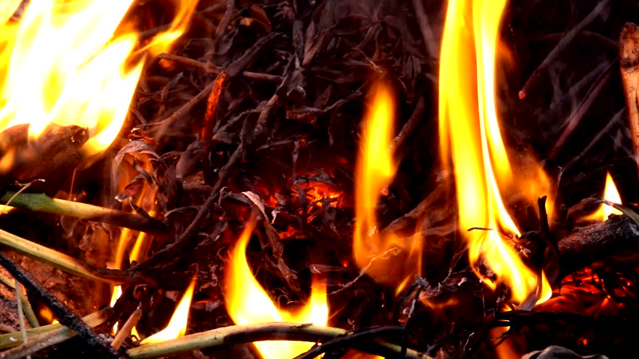 느린 움직임 불꽃 불과 스모그는 어두운 배경에서 쓰레기 또는 폐기물을 태우고 있습니다.