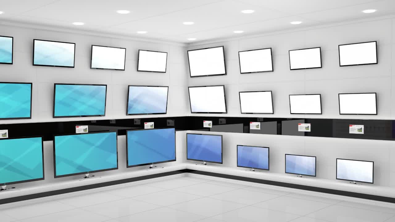 상점 의 파란색 스크린 에 빛나는 패턴 을 가진 텔레비전 세트 의 줄 의 애니메이션