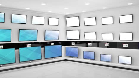 Animation-of-rows-of-television-sets-with-glowing-pattern-on-blue-screens-in-store