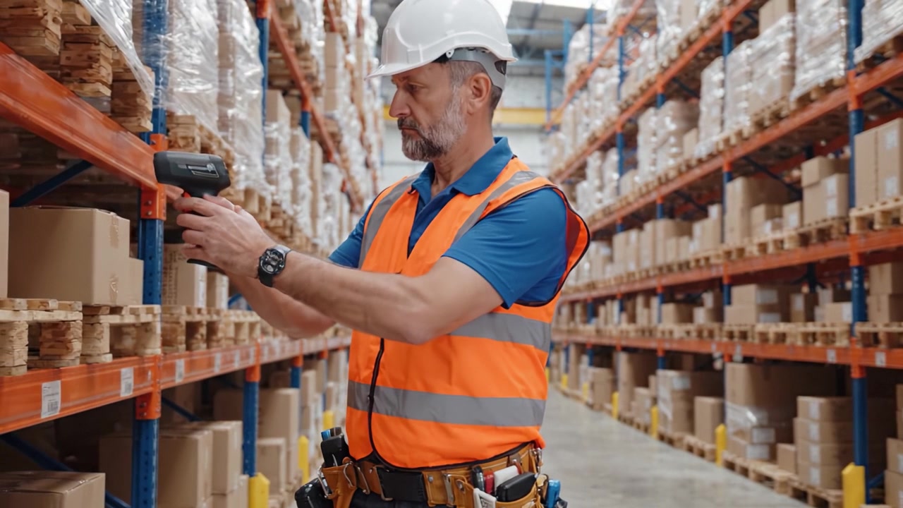 A warehouse worker in safety gear inspects inventory with a handheld scanner, surrounded by organized shelves filled with packaged goods and supplies.