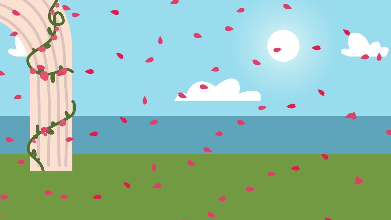 romántico arco de bodas de playa con pétalos que caen