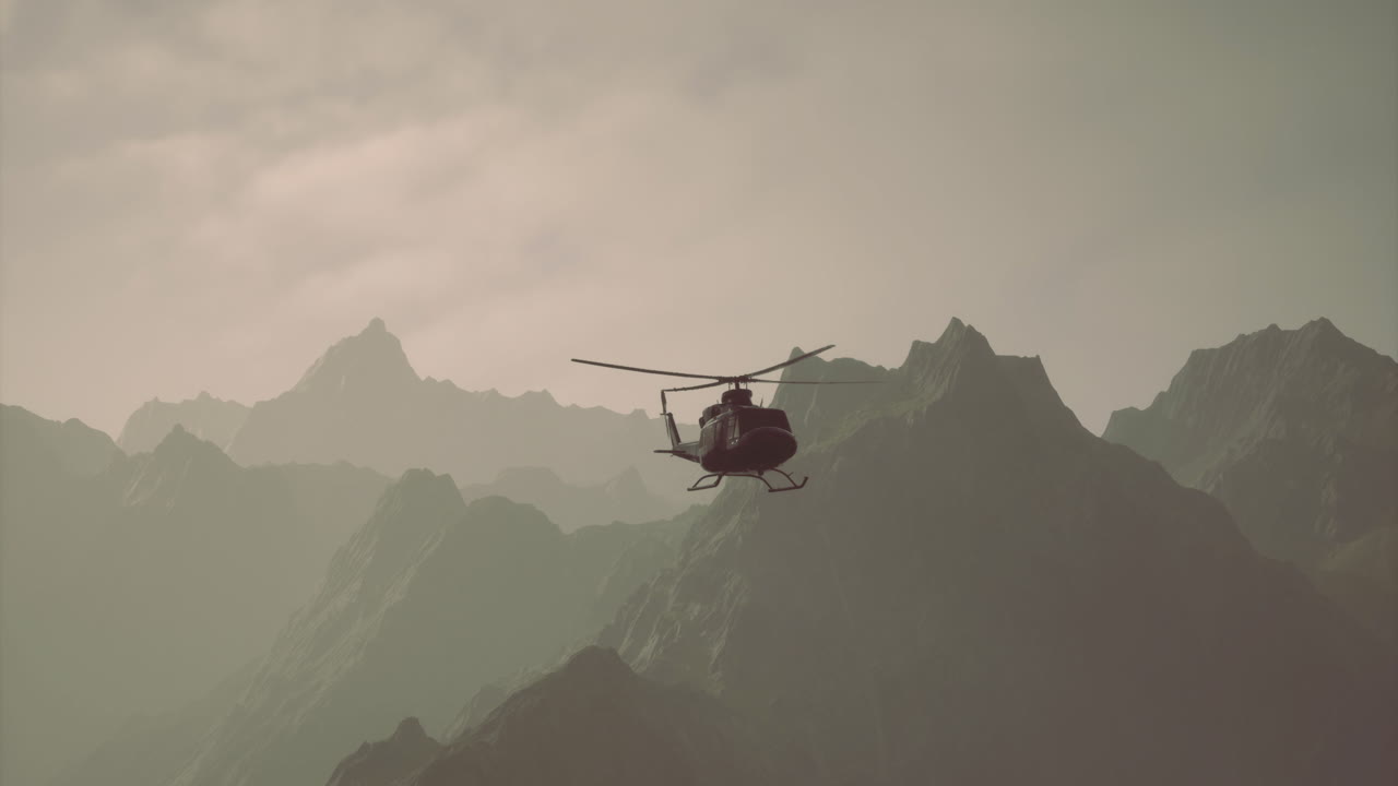 Helicopter flying over rugged mountain landscape during twilight hours