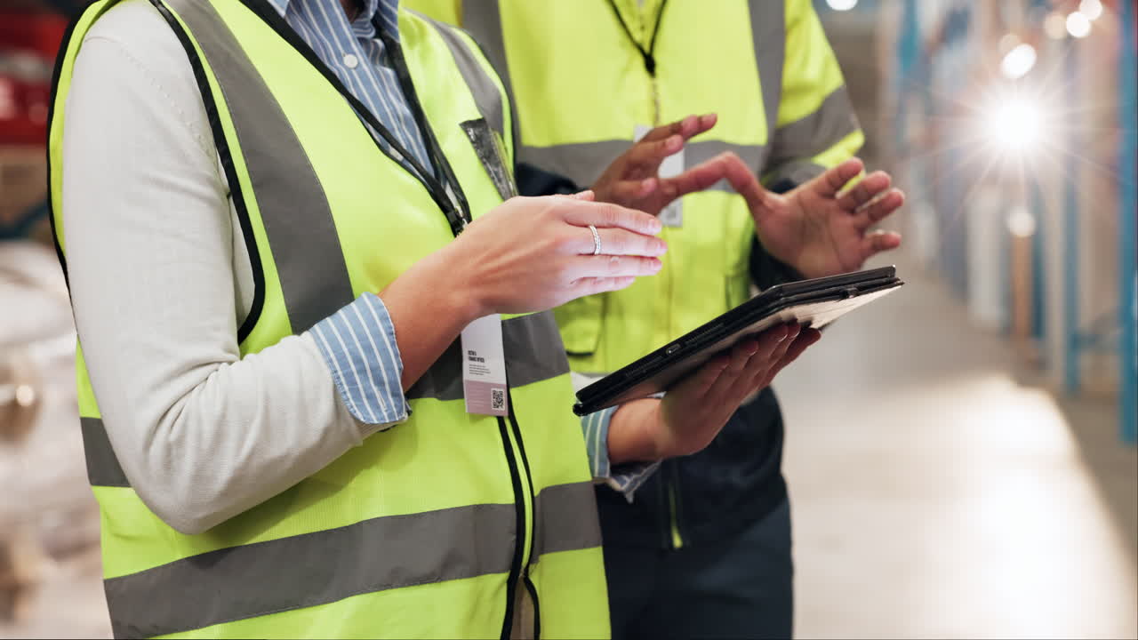 dos trabajadores en un almacén discuten el inventario usando una tableta
