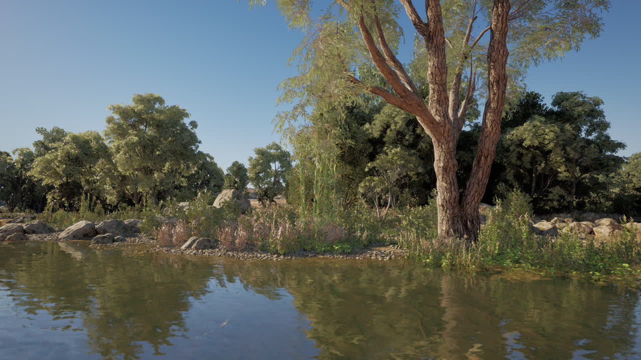 Serene riverside landscape with lush greenery and tranquil water reflection