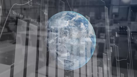 Animation-of-statistics-recording,-globe-spinning-over-warehouse