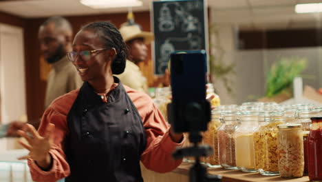 market employee creating marketing commercial video to attract clients