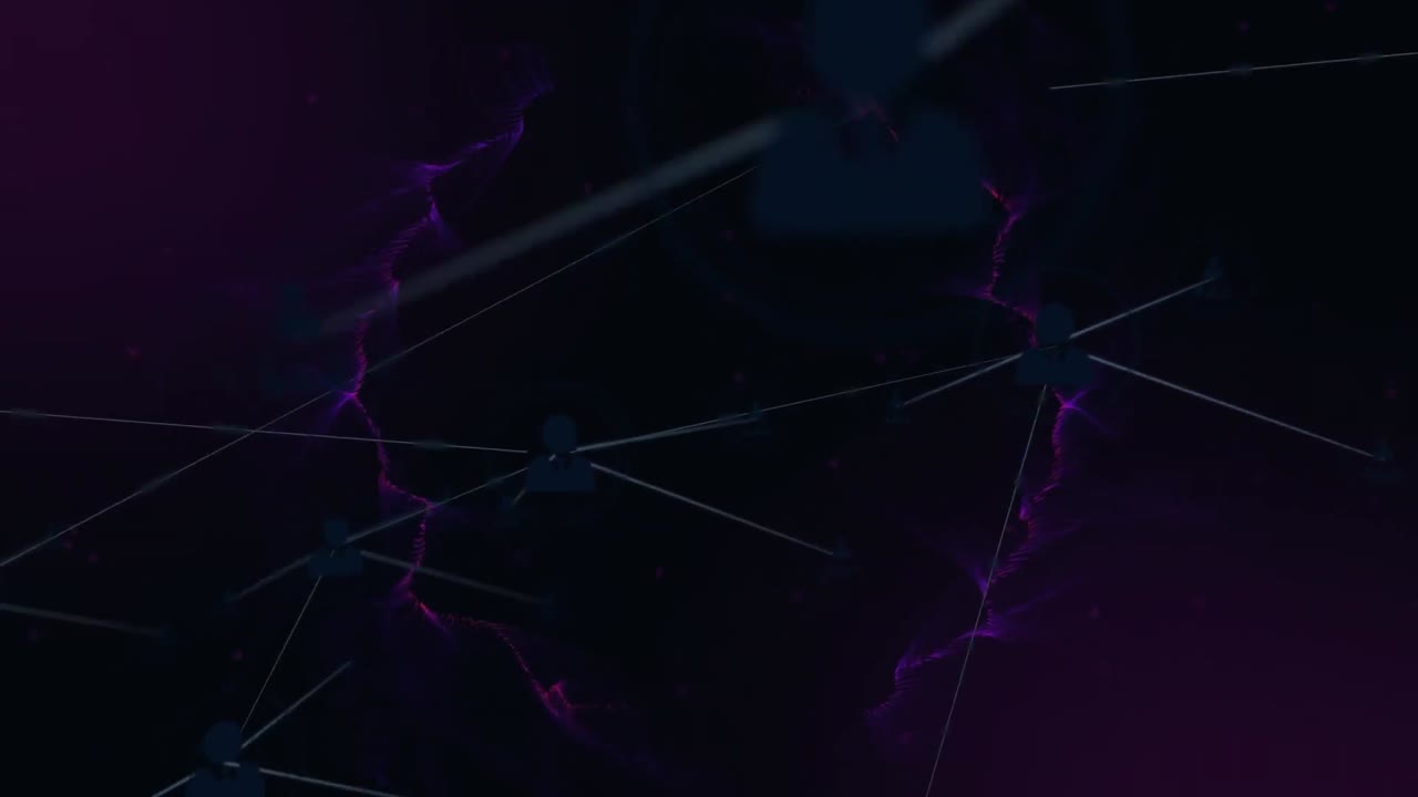 animación de la red de conexiones con iconos digitales sobre senderos de humo púrpura