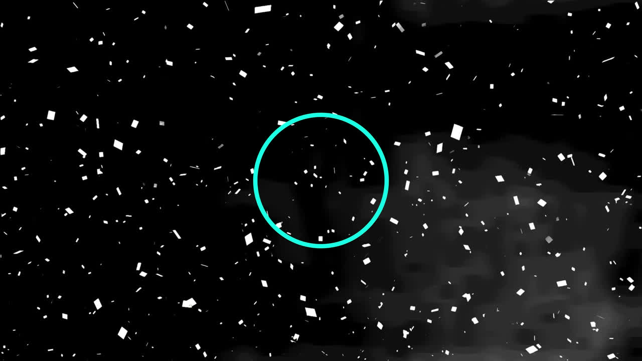 검은색 배경에 파란색 패턴과 박동하는 원으로 떨어지는 콘페티의 애니메이션